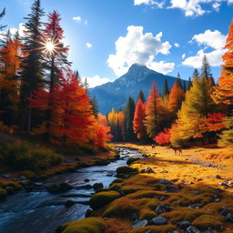 A serene forest landscape during autumn, where vibrant orange, red, and yellow leaves blanket the ground, with shafts of golden sunlight filtering through the tall trees