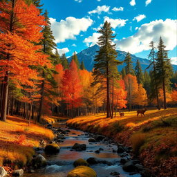 A serene forest landscape during autumn, where vibrant orange, red, and yellow leaves blanket the ground, with shafts of golden sunlight filtering through the tall trees
