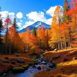 A serene forest landscape during autumn, where vibrant orange, red, and yellow leaves blanket the ground, with shafts of golden sunlight filtering through the tall trees