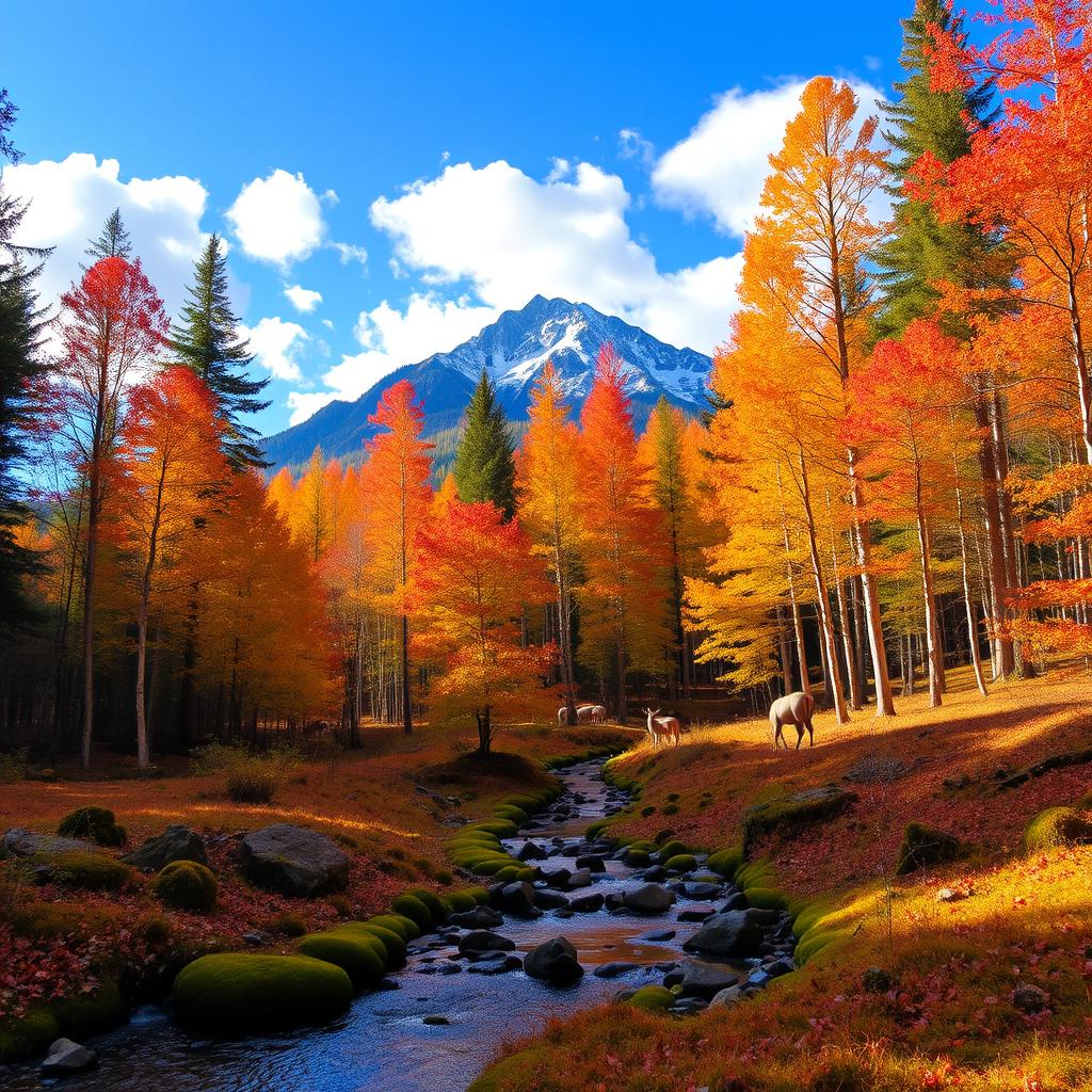A serene forest landscape during autumn, where vibrant orange, red, and yellow leaves blanket the ground, with shafts of golden sunlight filtering through the tall trees