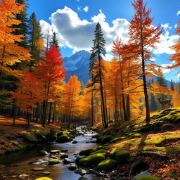 A serene forest landscape during autumn, where vibrant orange, red, and yellow leaves blanket the ground, with shafts of golden sunlight filtering through the tall trees