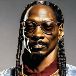 A lifelike, detailed portrait of Snoop Dogg, the iconic rap artist, featuring his characteristic braids and relaxed demeanor