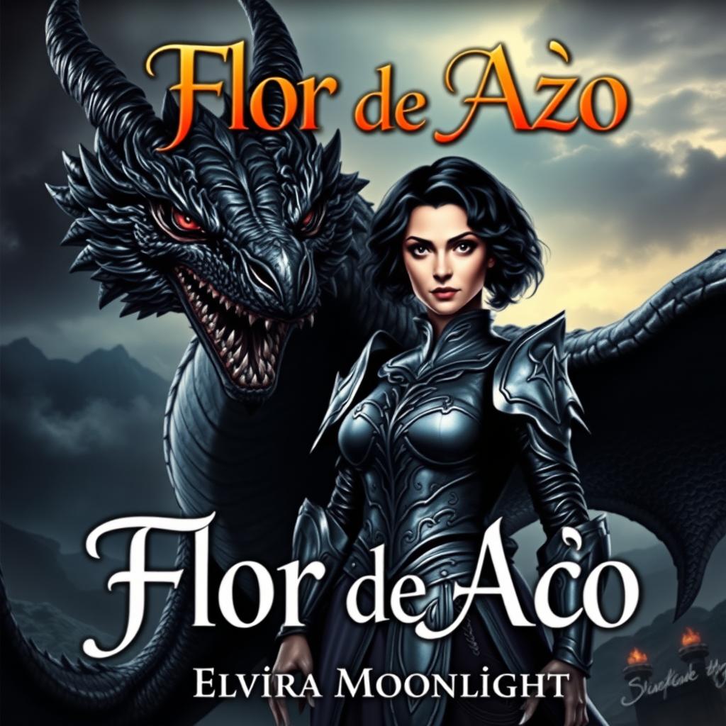 A dramatic book cover featuring a powerful black dragon with intricate scales and a fierce expression, standing alongside a woman with short, curly black hair