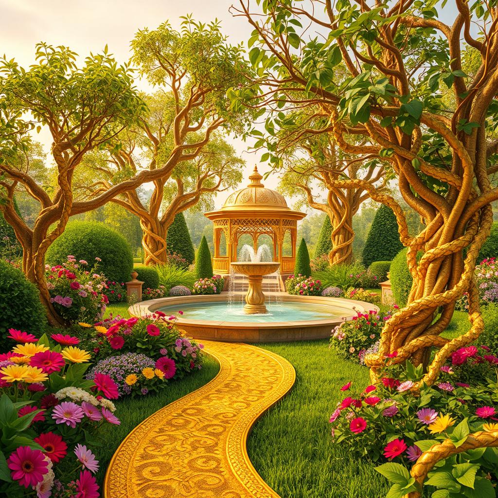 A vibrant and intricate image featuring a lush garden scene, where all green elements such as leaves, grass, and plants have been transformed into shimmering gold