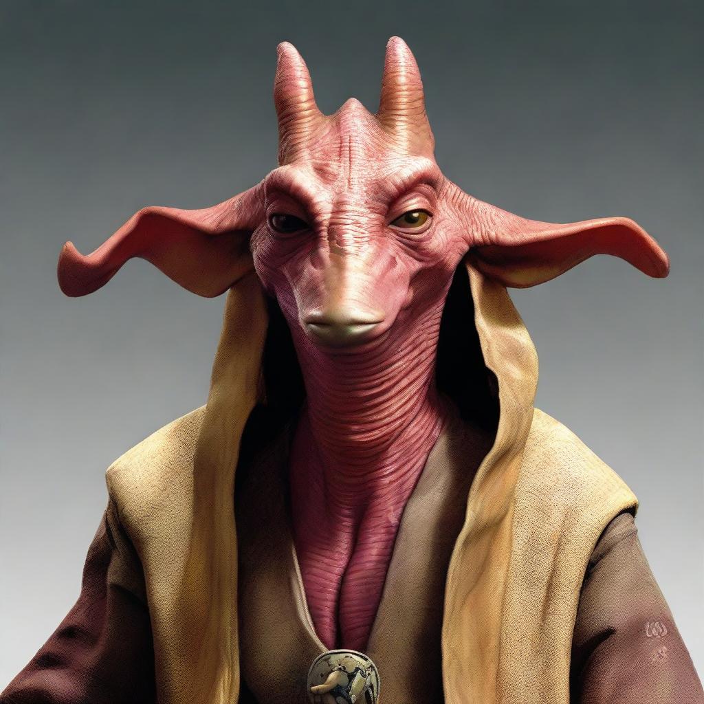 A detailed and realistic representation of Jar Jar Binks from Star Wars, capturing his unique Gungan attributes and expressions