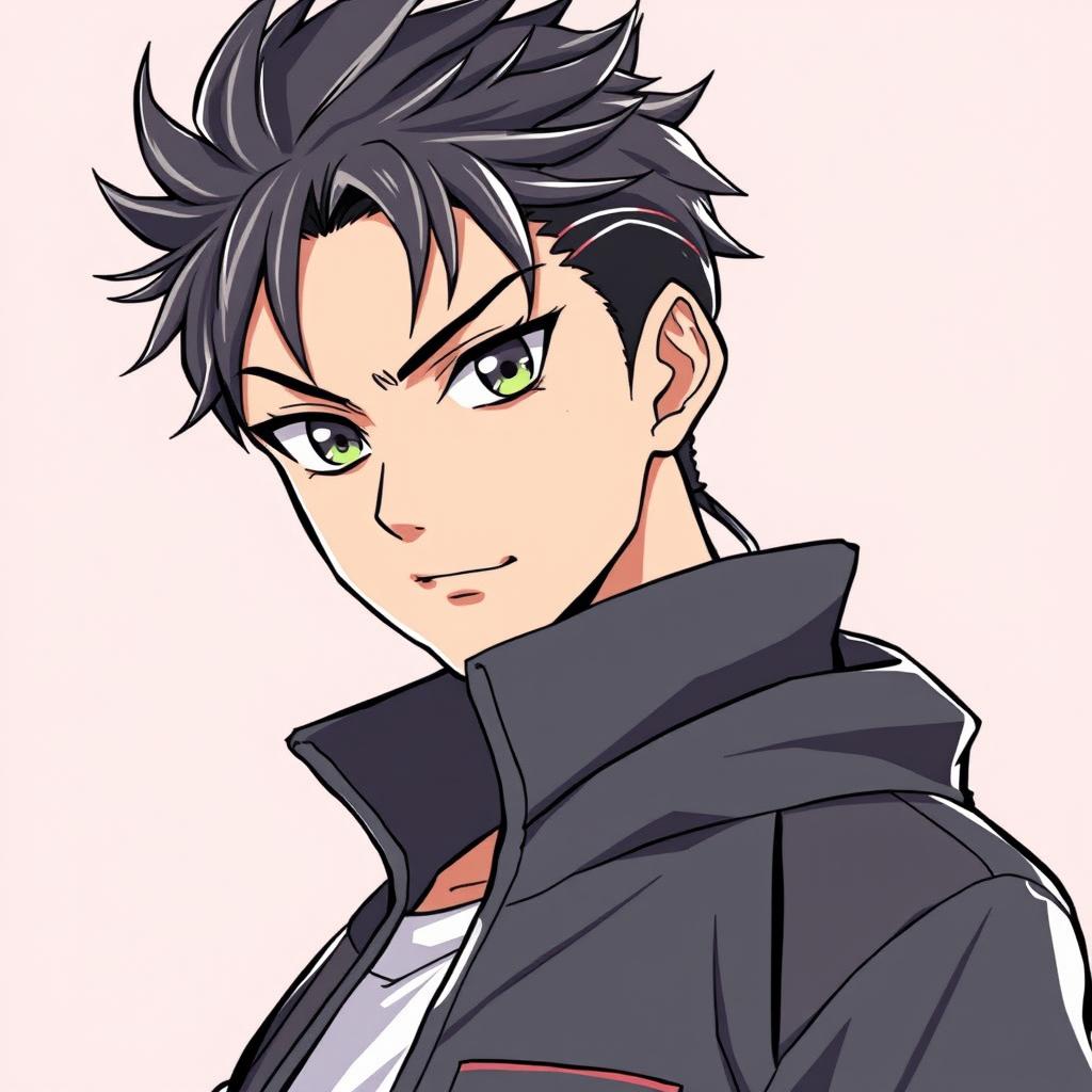 A male anime character with messy hair tied back, featuring a bold and confident expression