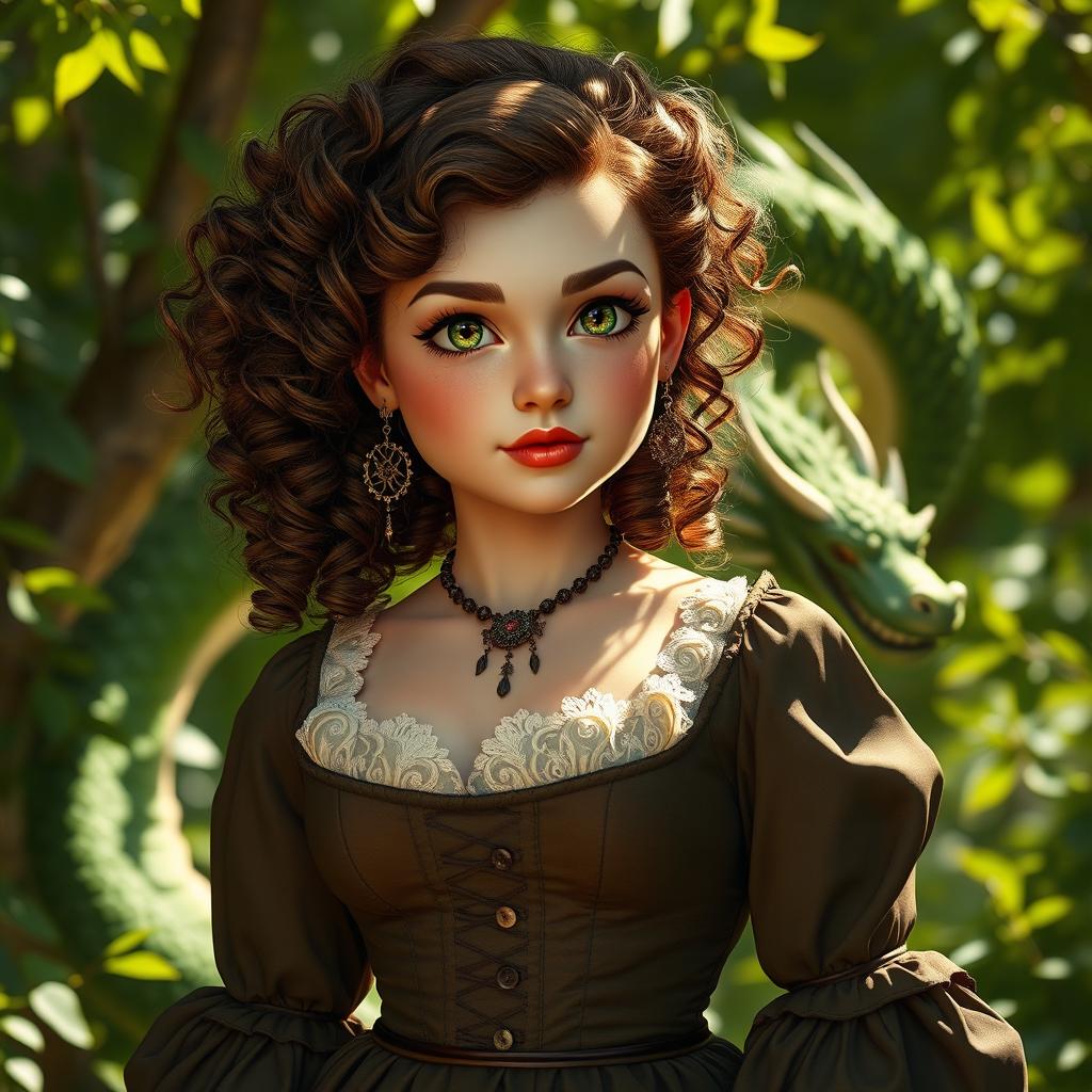 A chubby woman with curly brown hair and striking green eyes, wearing an elegant 19th-century dress