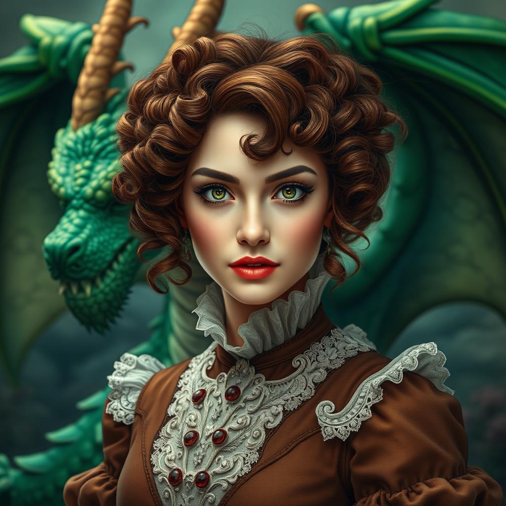 A woman with curly brown hair and striking green eyes, wearing a sophisticated 19th-century dress