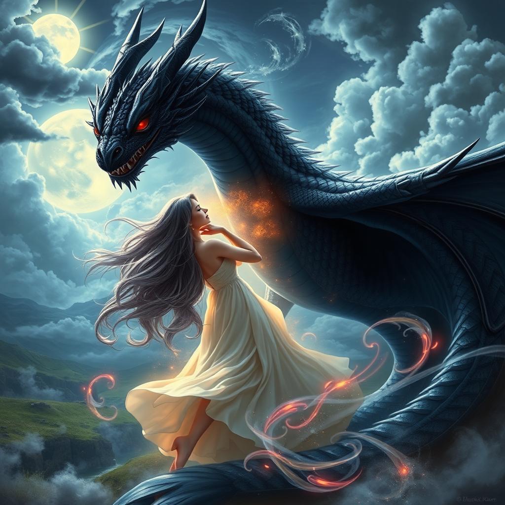 An enchanting scene depicting a woman in the midst of a transformative moment, gracefully transforming into a majestic black dragon with striking red eyes