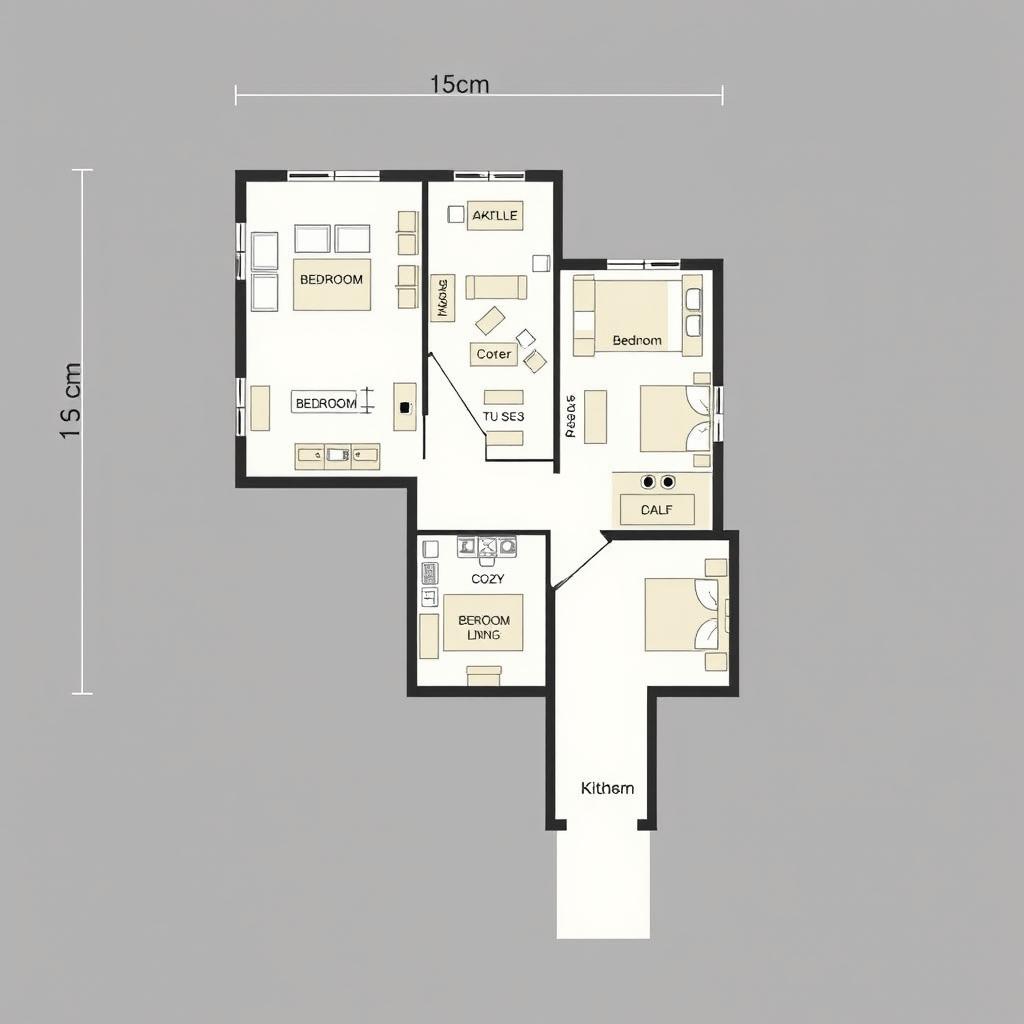 A detailed floor plan of a house, measuring 15cm in height and 10cm in width, showcasing different rooms such as a living room, kitchen, bathroom, and bedrooms