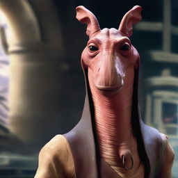 A detailed and realistic representation of Jar Jar Binks from Star Wars, capturing his unique Gungan attributes and expressions