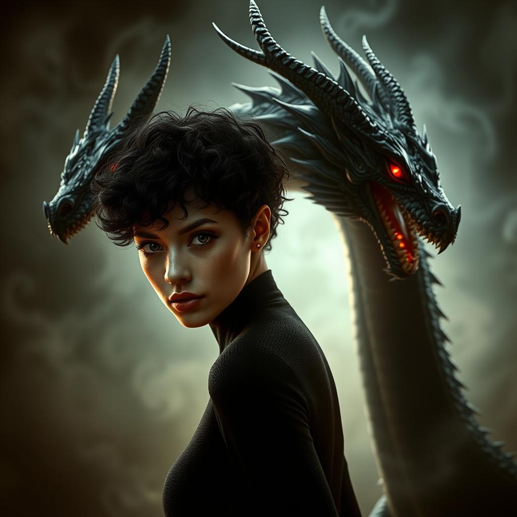 A stunning image of a woman with short, curly black hair, transitioning into a magnificent black dragon