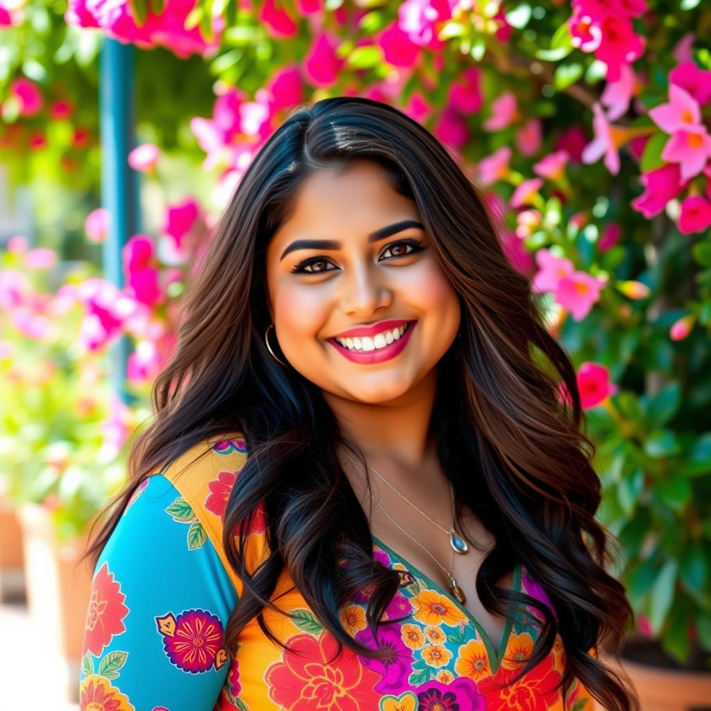 A beautiful Latina girl with a plump figure, showcasing her radiant smile and warm, inviting personality
