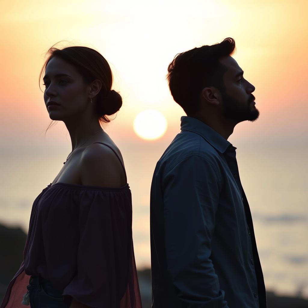 A woman and a man standing back to back, both with melancholic expressions, gazing towards the horizon