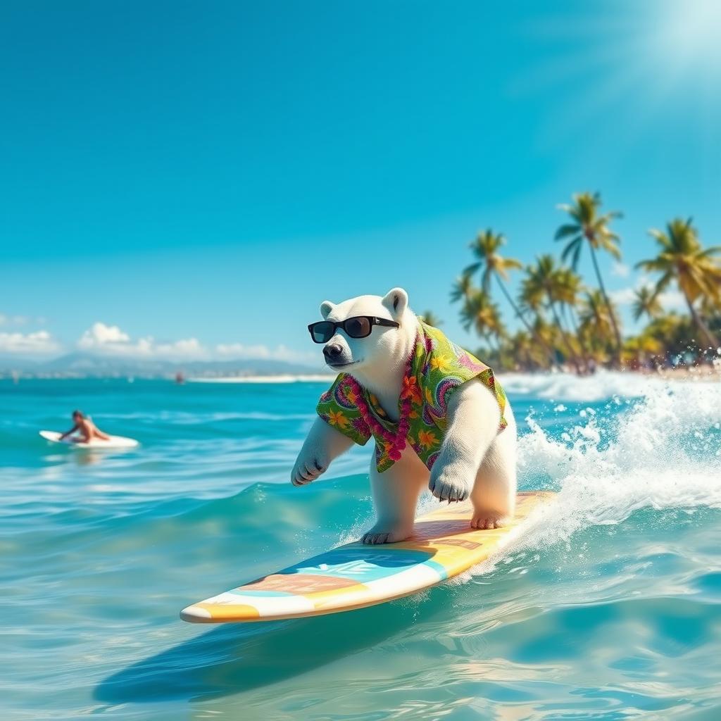 A polar bear surfing on a vibrant Hawaiian beach, with clear blue skies and gentle waves