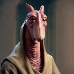 A detailed and realistic representation of Jar Jar Binks from Star Wars, capturing his unique Gungan attributes and expressions