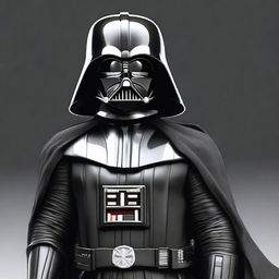 A detailed and imposing image of Darth Vader from Star Wars, fully suited in his iconic black armor, helmet and cape