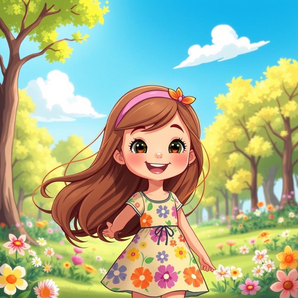 A vibrant and enchanting cartoon illustration of a young girl with long, flowing brown hair adorned with a cute headband, wearing a colorful dress with floral patterns