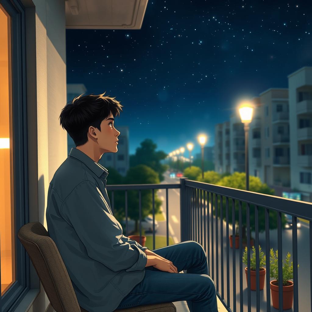 A young man sitting on a balcony, gazing thoughtfully at the streetlights illuminating a quiet city street at night
