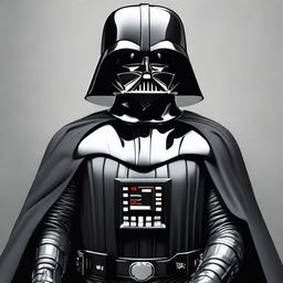 A detailed and imposing image of Darth Vader from Star Wars, fully suited in his iconic black armor, helmet and cape