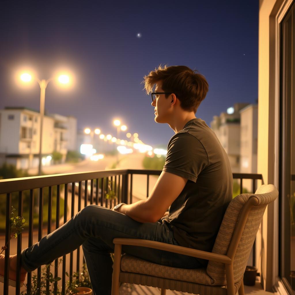 A young man sitting comfortably on a balcony, observing the streetlights that illuminate the peaceful city street during a calm night