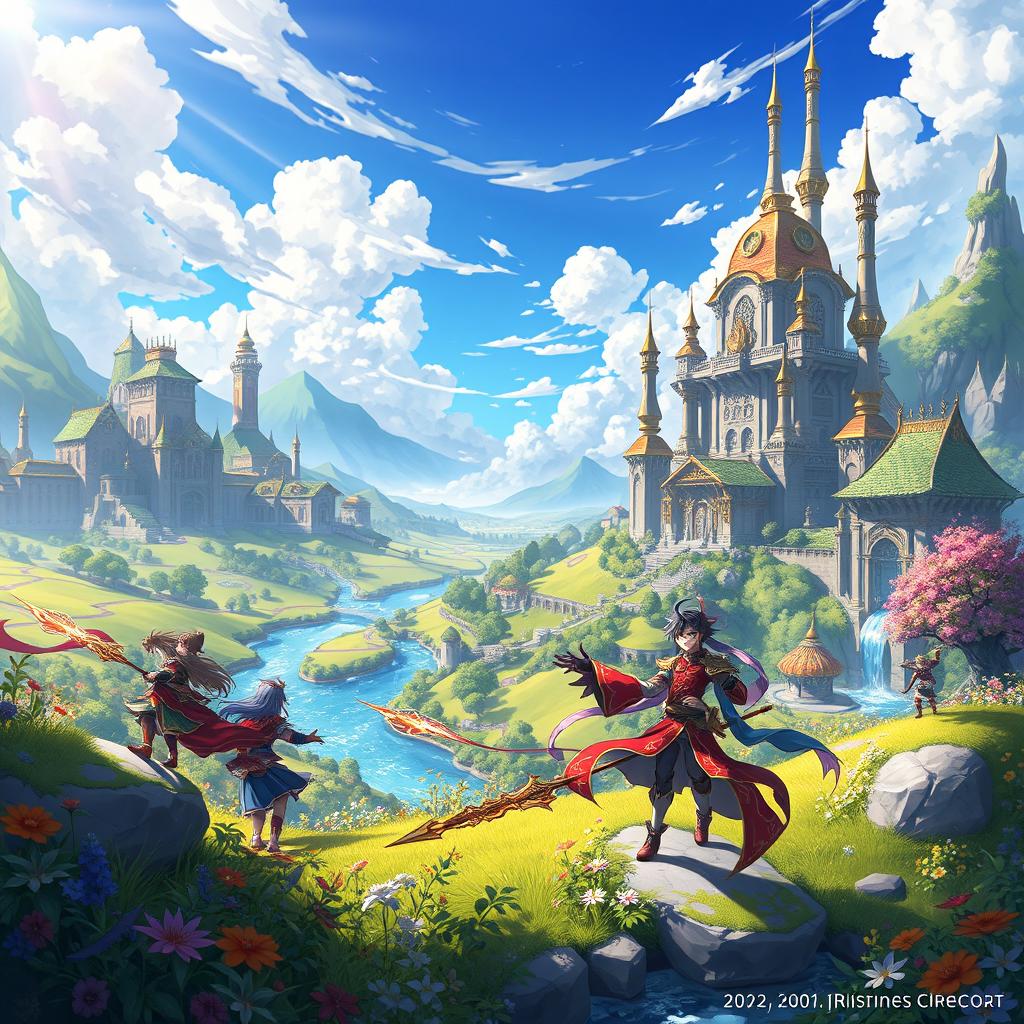 A vibrant and detailed illustration of a lush fantasy landscape inspired by the game Genshin Impact, featuring a mystical city with tall, ornate architecture blending seamlessly into the surrounding nature