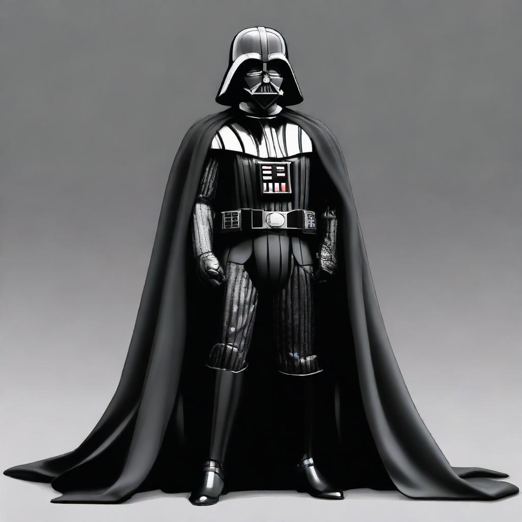 A detailed and imposing image of Darth Vader from Star Wars, fully suited in his iconic black armor, helmet and cape