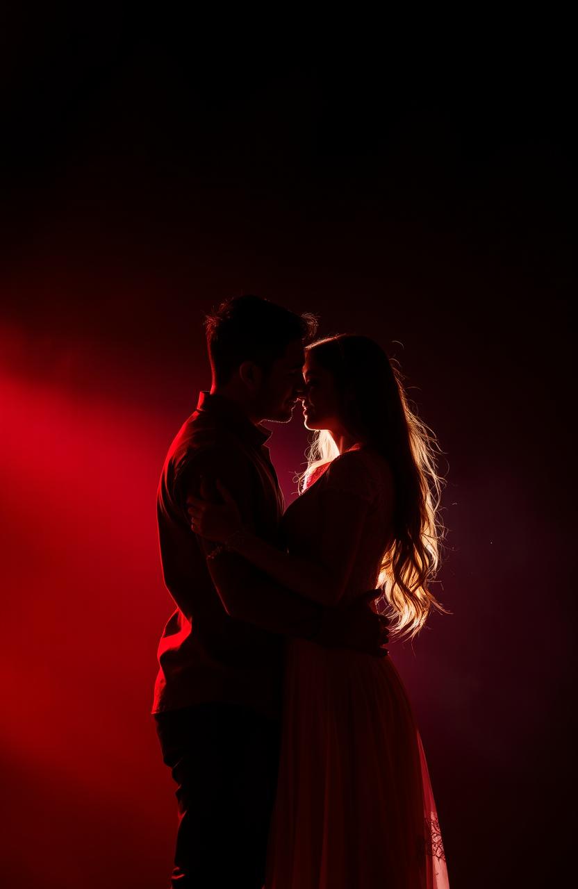 A visually striking scene featuring a couple romantically embracing in the foreground, against a dramatic background of deep black and vibrant red hues