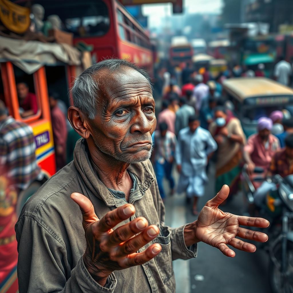 A poignant scene depicting a blind street beggar at a busy bus station in Dhaka, Bangladesh