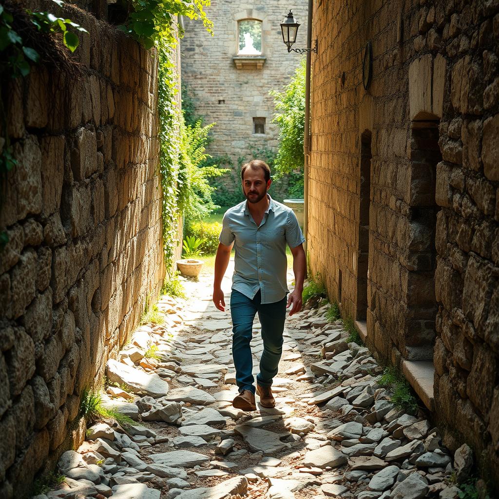 A man walking on a rocky path in a narrow alley, directed towards a garden behind a crumbling building