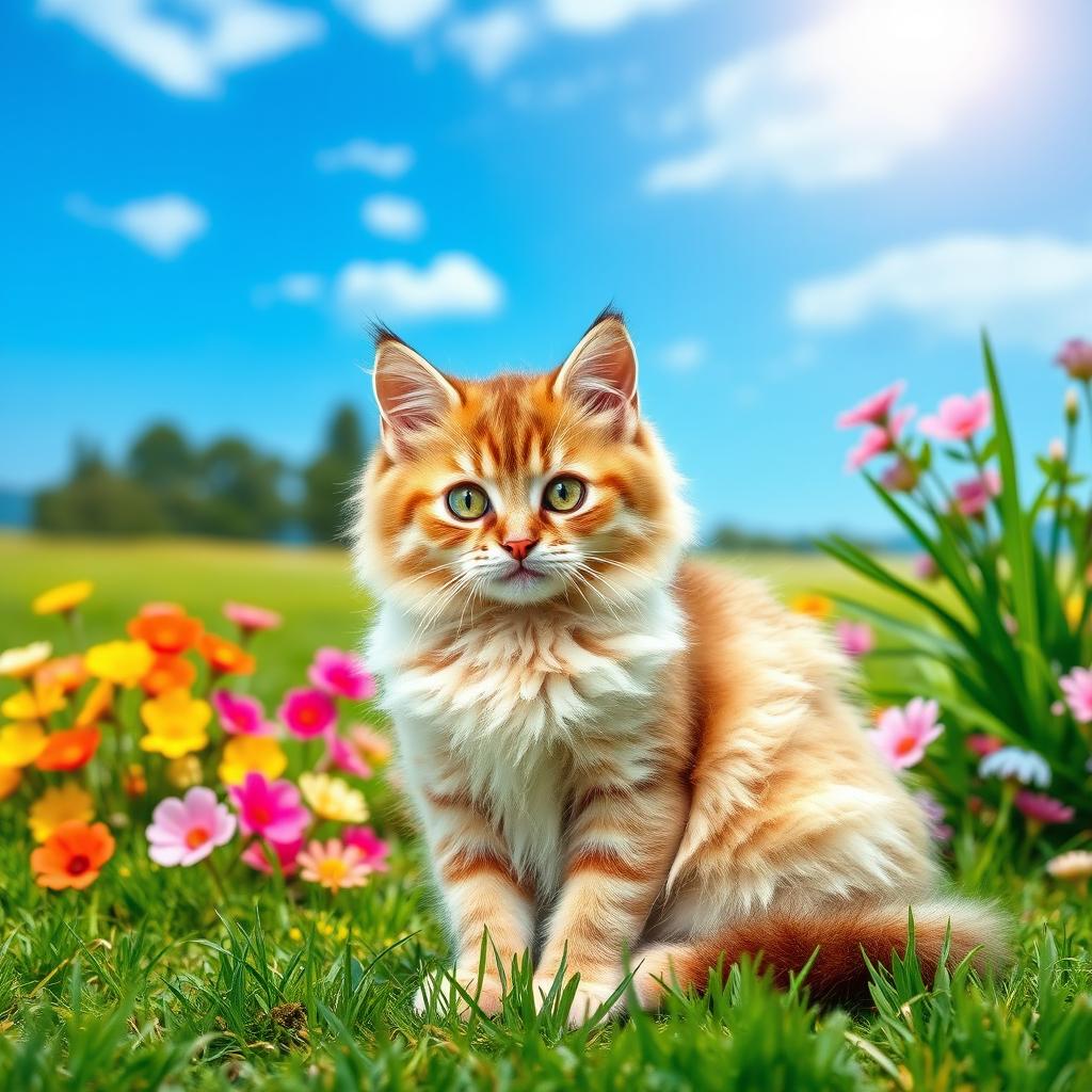 A beautiful scene featuring a cute, fluffy cat sitting gracefully in a picturesque outdoor setting
