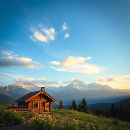 A breathtaking scene of mountains under a serene blue sky with gentle clouds, showcasing the grandeur of nature