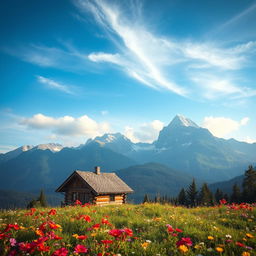 A breathtaking scene of mountains under a serene blue sky with gentle clouds, showcasing the grandeur of nature