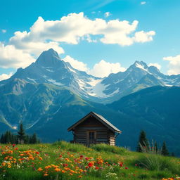 A breathtaking scene of mountains under a serene blue sky with gentle clouds, showcasing the grandeur of nature