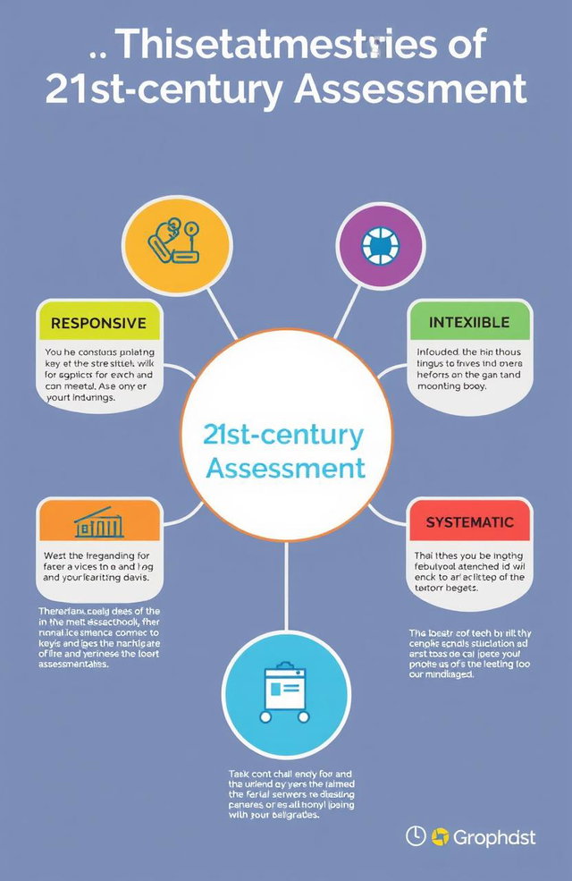 An engaging and visually appealing infographic illustrating the 8 characteristics of 21st-century assessment: RESPONSIVE, FLEXIBLE, INTEGRATED, INFORMATIVE, MULTIPLE METHODS, COMMUNICATED, TECHNICALLY SOUND, SYSTEMATIC
