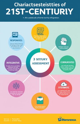 An engaging and visually appealing infographic illustrating the 8 characteristics of 21st-century assessment: RESPONSIVE, FLEXIBLE, INTEGRATED, INFORMATIVE, MULTIPLE METHODS, COMMUNICATED, TECHNICALLY SOUND, SYSTEMATIC