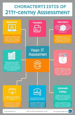 An engaging and visually appealing infographic illustrating the 8 characteristics of 21st-century assessment: RESPONSIVE, FLEXIBLE, INTEGRATED, INFORMATIVE, MULTIPLE METHODS, COMMUNICATED, TECHNICALLY SOUND, SYSTEMATIC