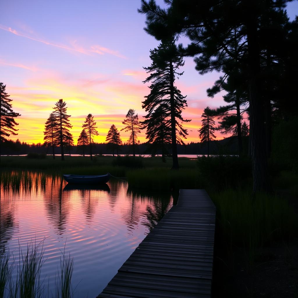 A serene landscape during sunset, with vibrant orange and purple hues reflecting in a calm lake surrounded by lush greenery