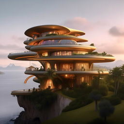 An elegant and detailed view of the iconic mansion from the Thunderbirds series, showcasing its futuristic architecture set on the island landscape