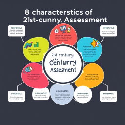 A vibrant and creative infographic showcasing the 8 characteristics of 21st-century assessment: RESPONSIVE, FLEXIBLE, INTEGRATED, INFORMATIVE, MULTIPLE METHODS, COMMUNICATED, TECHNICALLY SOUND, and SYSTEMATIC