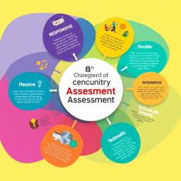 A vibrant and creative infographic showcasing the 8 characteristics of 21st-century assessment: RESPONSIVE, FLEXIBLE, INTEGRATED, INFORMATIVE, MULTIPLE METHODS, COMMUNICATED, TECHNICALLY SOUND, and SYSTEMATIC