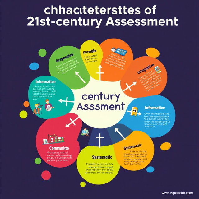 A vibrant and creative infographic showcasing the 8 characteristics of 21st-century assessment: RESPONSIVE, FLEXIBLE, INTEGRATED, INFORMATIVE, MULTIPLE METHODS, COMMUNICATED, TECHNICALLY SOUND, and SYSTEMATIC