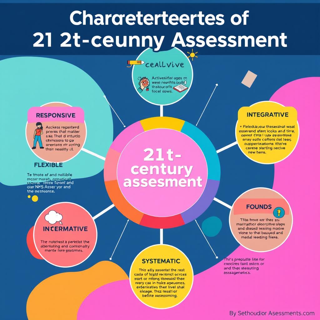 A vibrant and creative infographic showcasing the 8 characteristics of 21st-century assessment: RESPONSIVE, FLEXIBLE, INTEGRATED, INFORMATIVE, MULTIPLE METHODS, COMMUNICATED, TECHNICALLY SOUND, and SYSTEMATIC