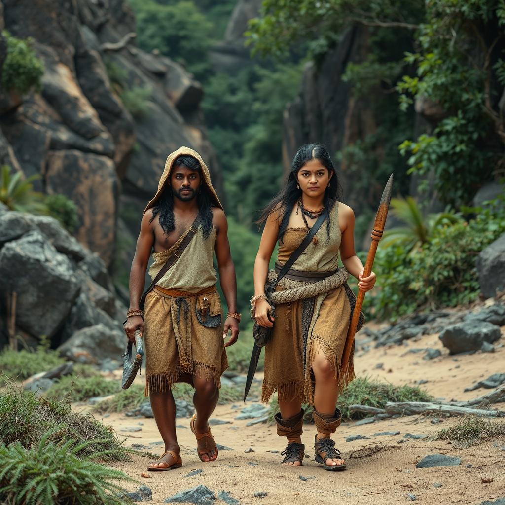 A Bengali couple dressed in primitive stone age clothing, featuring animal hides and natural fibers, searching for a mysterious creature that entered their home the previous night