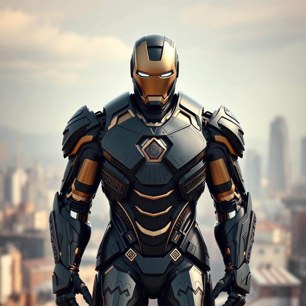 A stunning depiction of Iron Man's armor, creatively integrated with elements of Achaemenid architecture and style