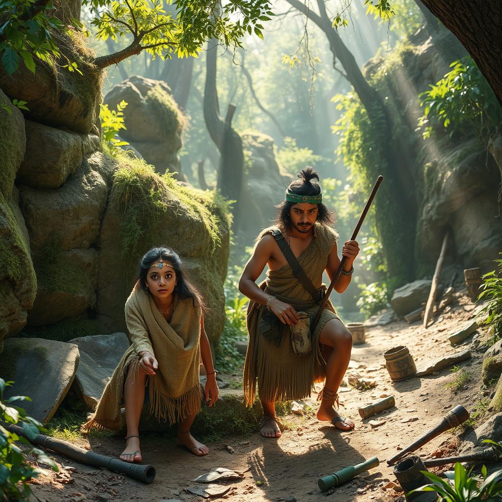 A Bengali couple dressed in prehistoric stone age attire, complete with animal skins and primitive accessories, searching intently for a mysterious creature that visited their home last night