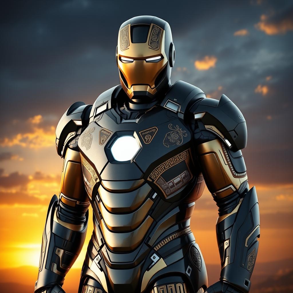 A creative reimagining of Iron Man's armor, featuring a fusion of Achaemenid design elements