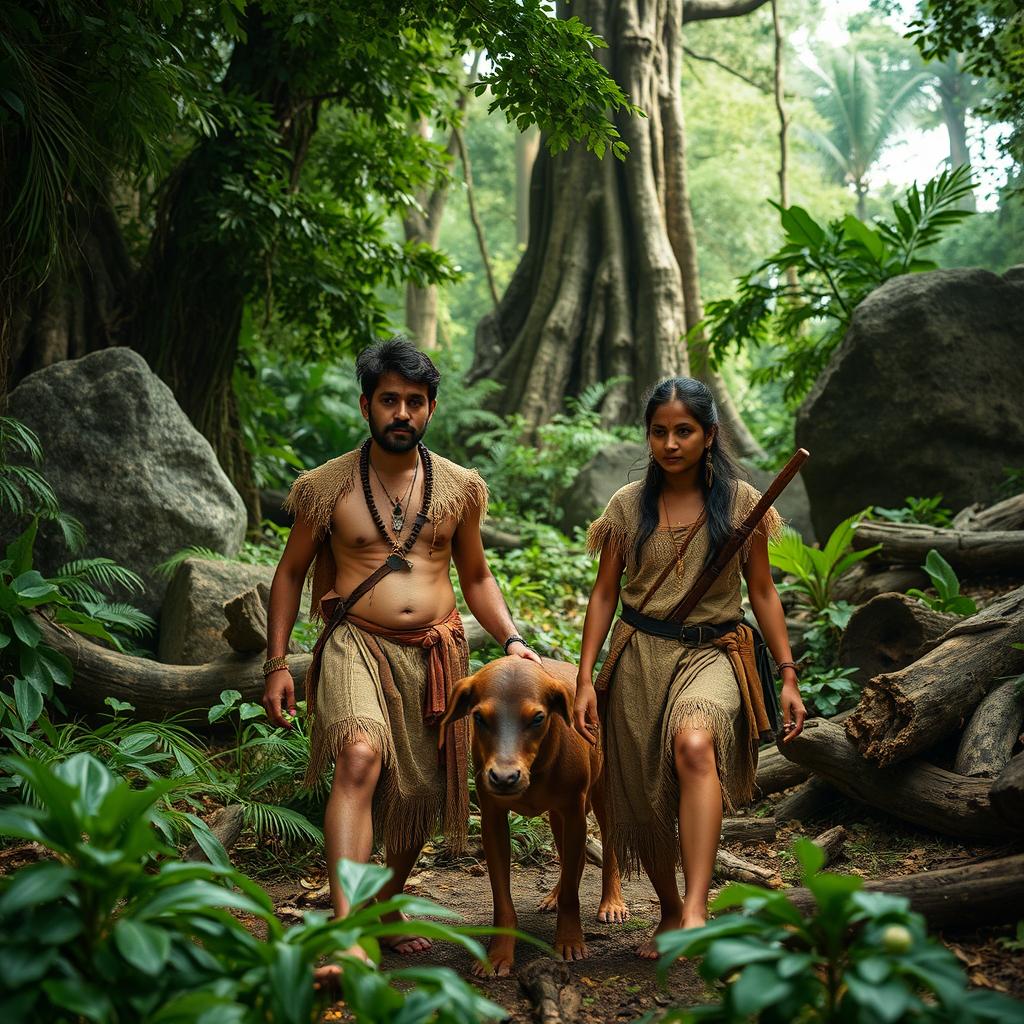 A Bengali couple dressed in primitive stone age clothing, including faux animal skins and simple adornments, exploring a lush ancient forest environment filled with dense foliage and towering trees