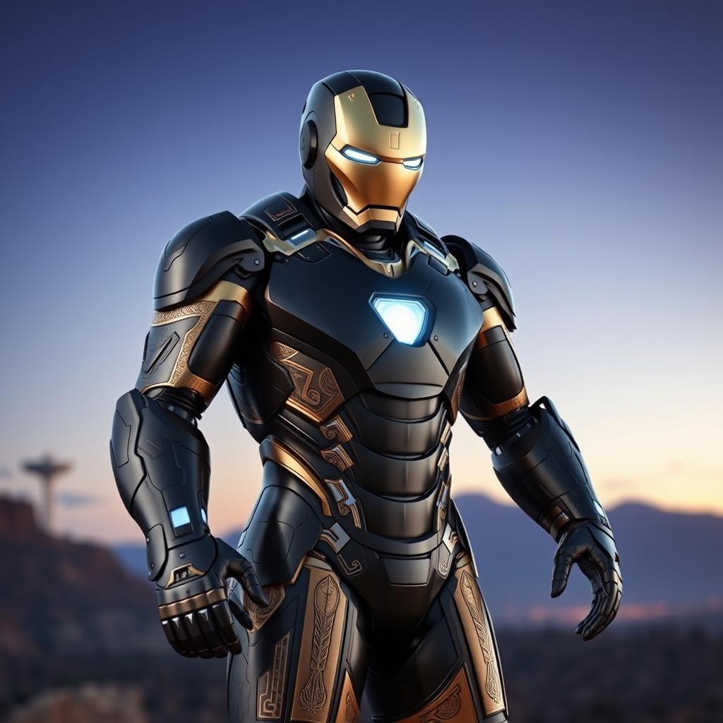 A captivating design of Iron Man's armor, seamlessly blending Achaemenid elements into its structure