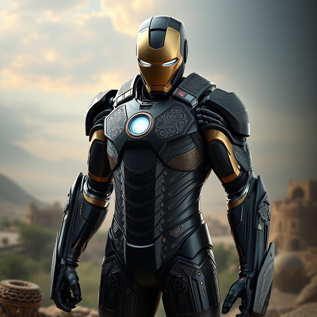 An innovative artwork of Iron Man's armor, seamlessly blending elements of Achaemenid design